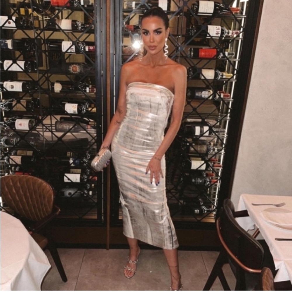 Zara Fitted Metallic Dress Silver Strapless - Picture 3 of 14